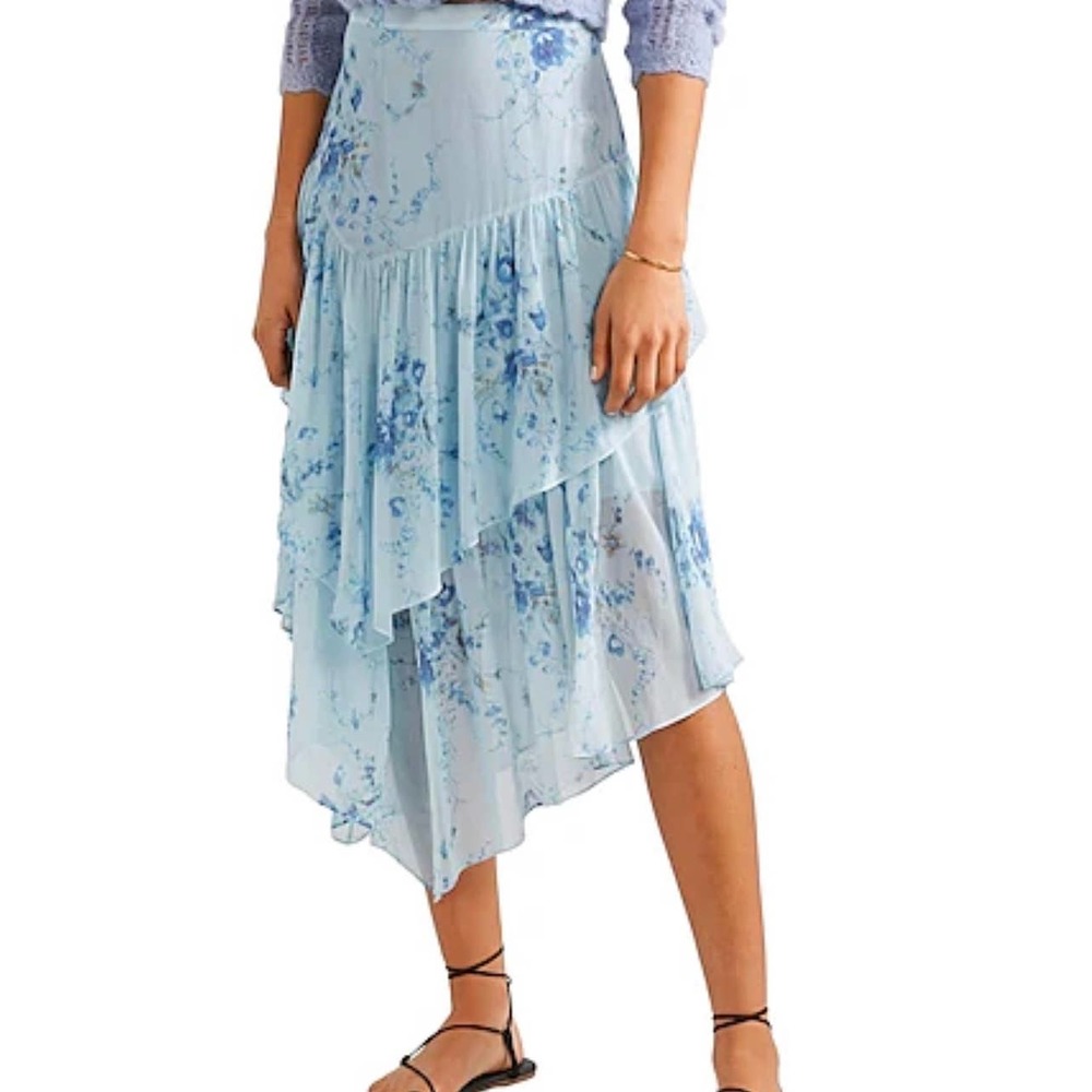 NEW LoveShackFancy Silk Tiered Midi Skirt Blue Floral Size Small